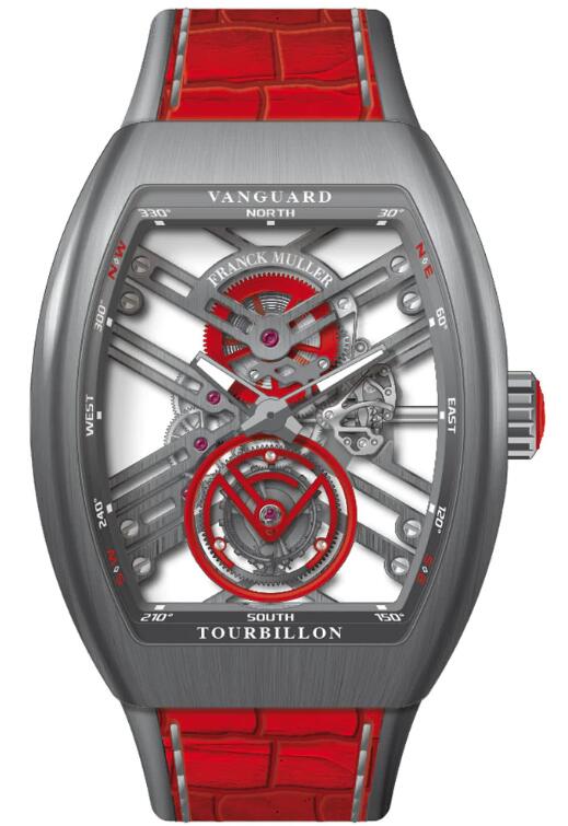 Best FRANCK MULLER Vanguard Tourbillon Skeleton Brushed Titanium - Red V 45 T SQT (ER) (BR TT) (TT.BLC RGE) Replica Watch